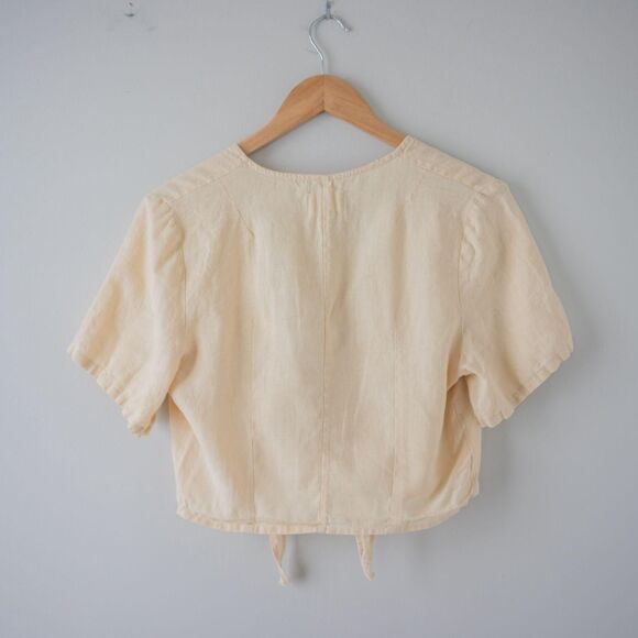 Yellow Linen Organic Crop Leisure Summer Boho Resortwear Tie Waist Women's Top - Picture 6 of 7